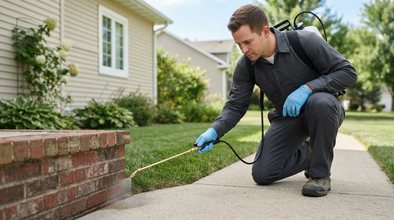 Pest control technician treating a home near Bottineau, ND
